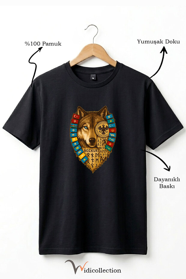 Bozkurt Göktürk Alphabet and Flags of Turkish States Printed 100% Cotton Regular Fit T-Shirt