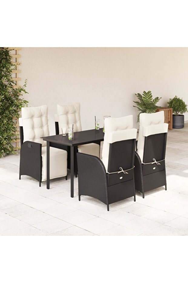 5 Piece Garden Dining Set with Cushions Black Poly Rattan