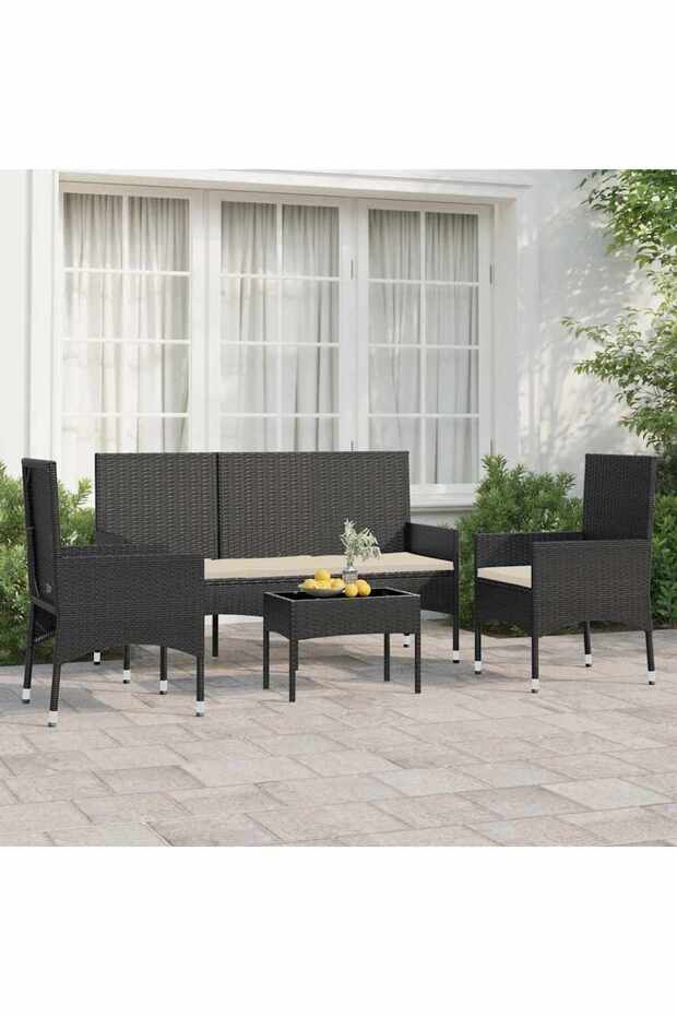 4 Piece Garden Lounge Set with Cushions Black Poly Rattan
