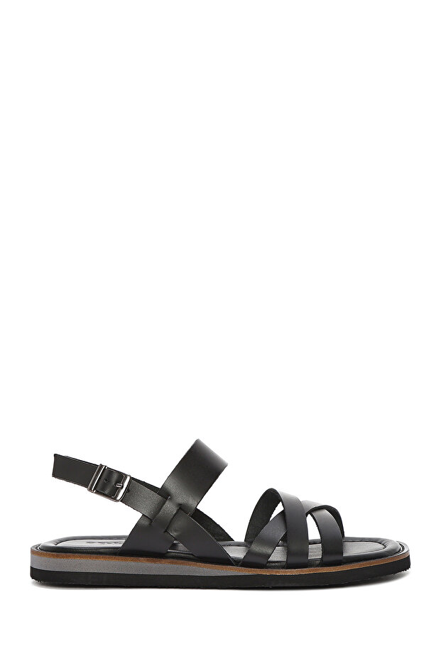 Women's Black Ankle Buckle Genuine Leather Sandals 25Sfd361818
