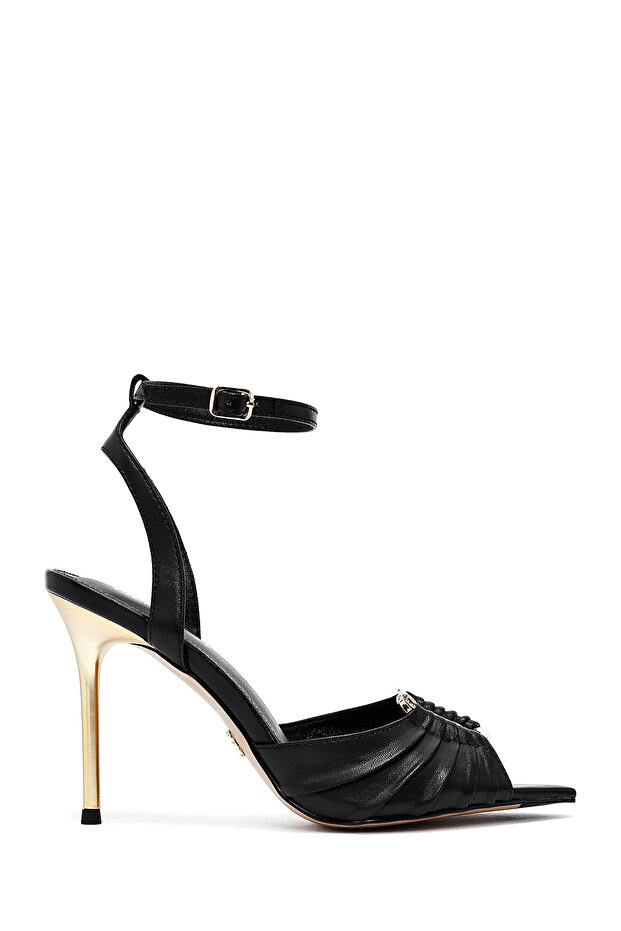 Women's Black Ankle Buckle High Thin Heels Shoes Genuine Leather Sandals 25Sfd494718