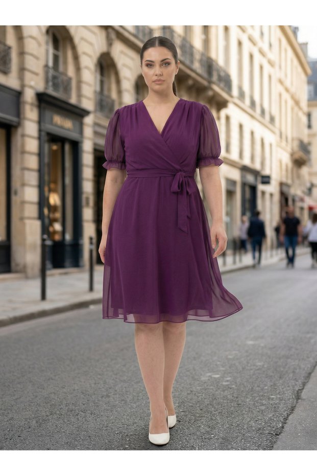 Apsen Women's Purple Double Breasted Collar Belted Plus Size Midi Length Chiffon Dress 4255-110