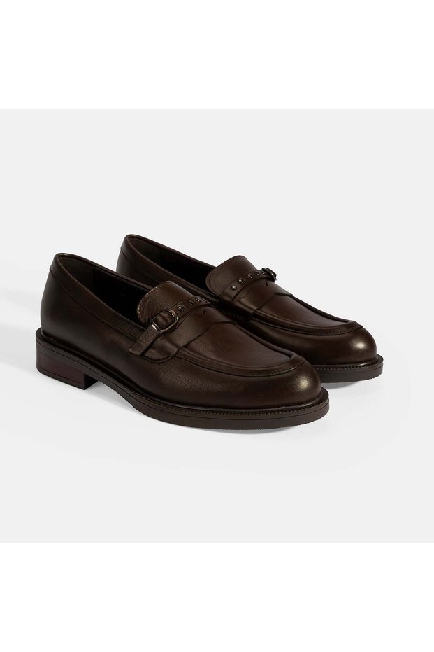 Women's Brown Leather Loafer with Metal Buckle Detail