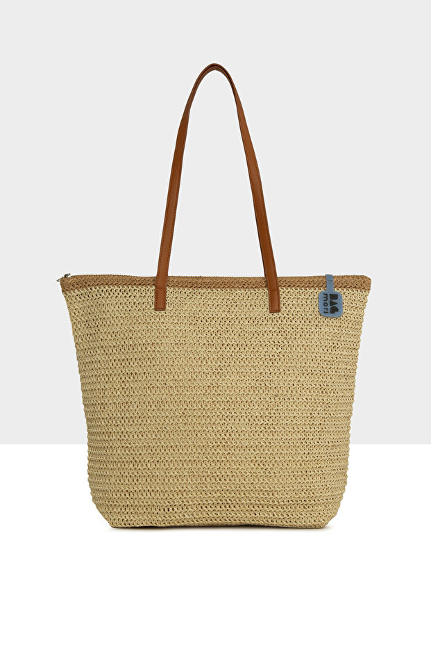 Tan Women's Leather Strap Tote Straw Bag M000008772