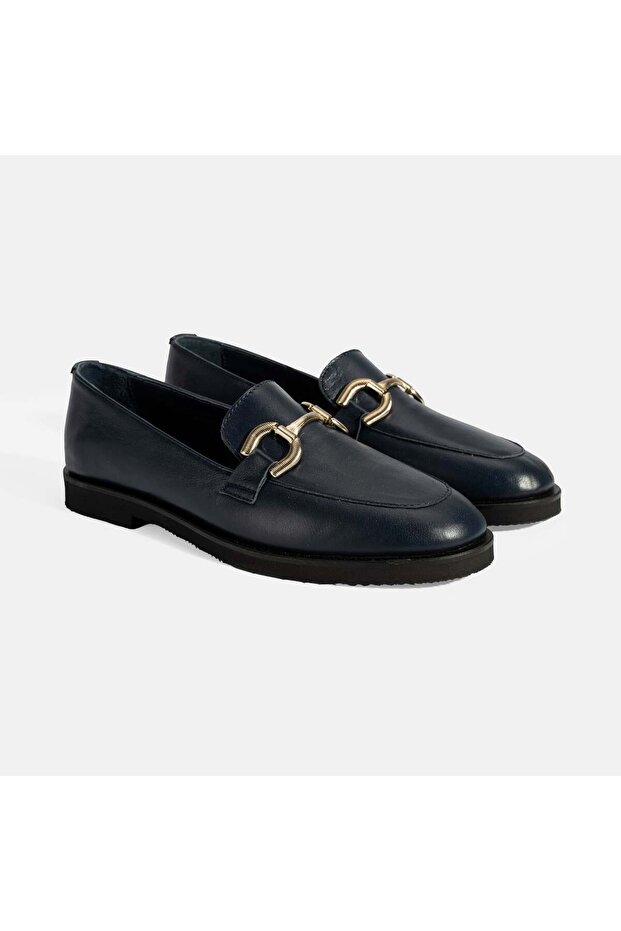 Women's Navy Blue Leather Loafer with Metal Buckle Accessories