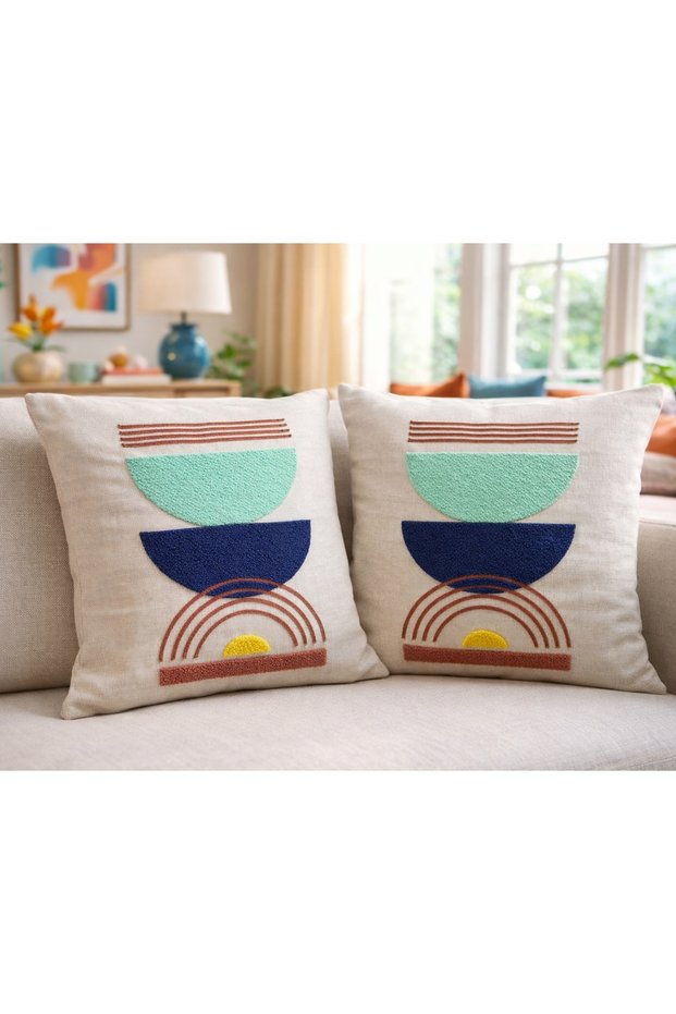 Modern Bohemian Tufting Punch Embroidered Linen Blend Double Throw Pillow Cover Living Room Decor (45X45 cm)