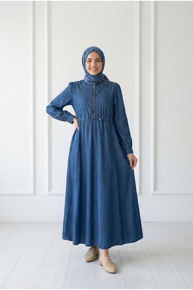 Zekiye Half Zippered Waist Tightening Denim Dress-Pa9460 Denim Color