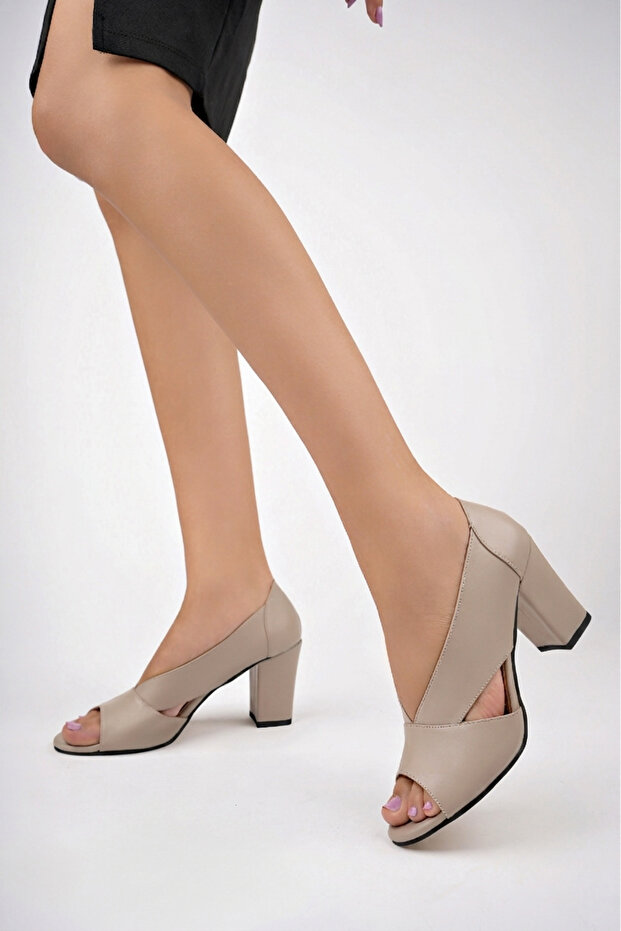 Genuine Leather Taupe Women's Heeled Leather Shoes Shn-0072