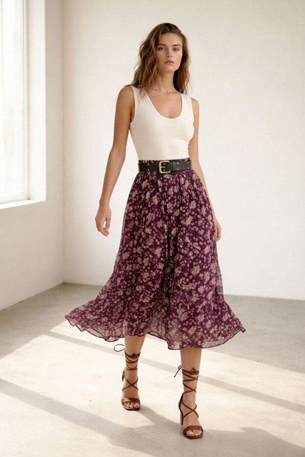 Floral patterned chiffon skirt with belt murdum