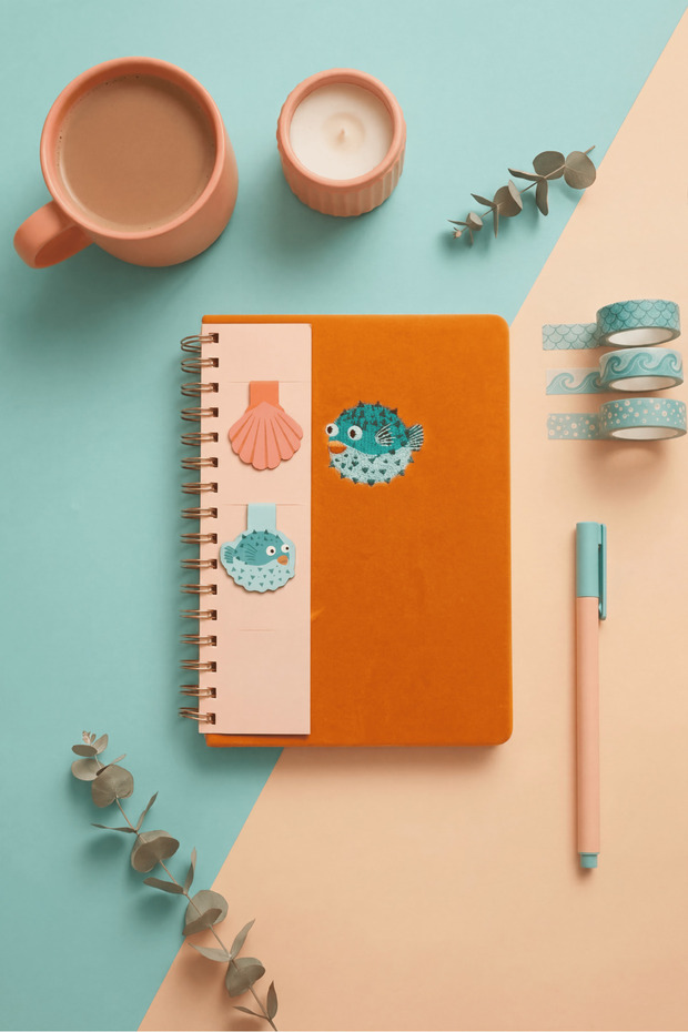 Cute Pufferfish Embroidered Orange Fabric Cover Spiral Notebook & Agenda with Magnet Bookmark A5 - 96 Pages - Lined