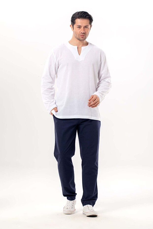 Large Size Long Sleeve Şile Cloth Crew Neck Summer Tshirt White 3001