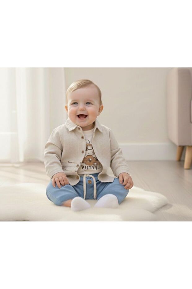 Eid Holiday Baby Boy Triple Set Pilot Rabbit Printed Badi Shirt Pants Set 2216