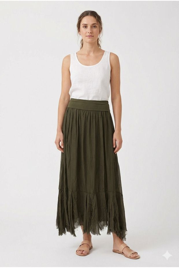 Dark Khaki Italian Elastic Waist Skirt with Fringed Hem, Straight Cut, Lined Silk Skirt, Sizes 36 - 40