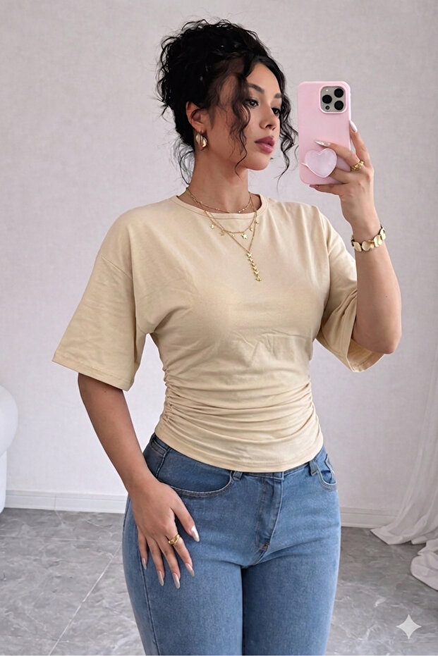 Women's Beige Cotton Piece Soft Fabric Blouse Draped Stylish Daily Model (Not Cropped) 0080