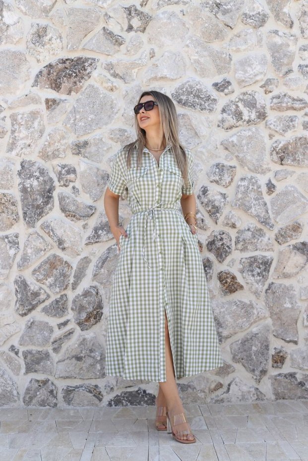 Green Short Sleeve Belted Gingham Dress