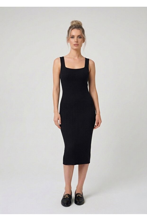 Premium Fit Square Neck Corded Fabric Knitwear Midi Dress