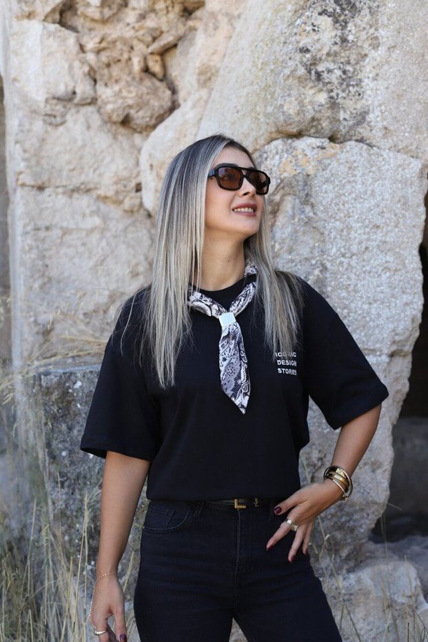 Black T-Shirt with Scarf Detail