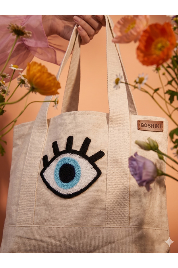 Handmade Eye Patterned White Linen Shoulder Bag/Eye Patterned Punch Casual White Bag 26 X 36