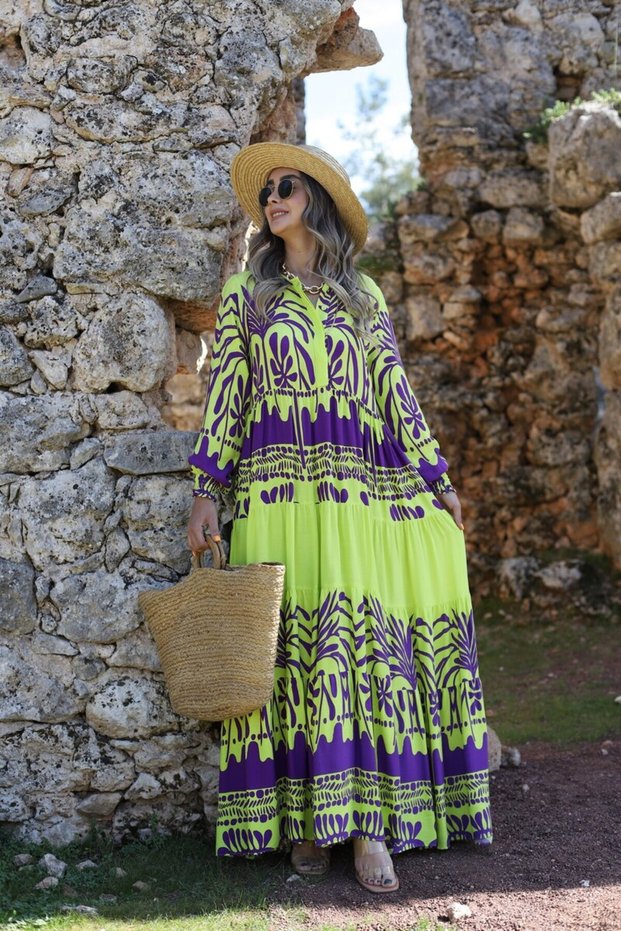 Purple-Neon Green Buttoned Sleeve Detail Dress