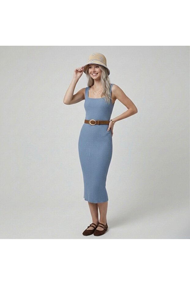 Premium Fit Square Neck Corded Fabric Knitwear Midi Dress