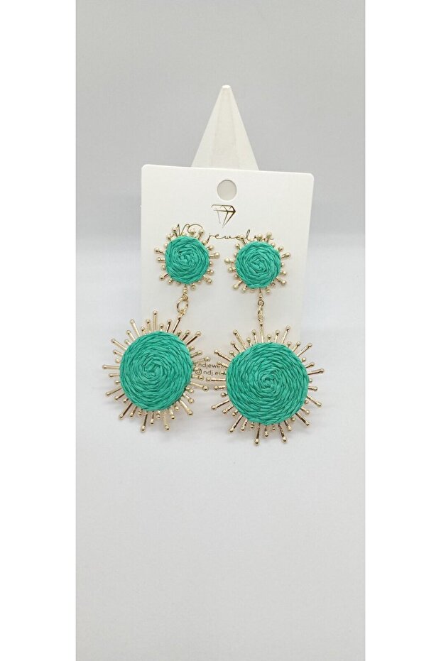 Green Color Wicker Double Sun Earrings