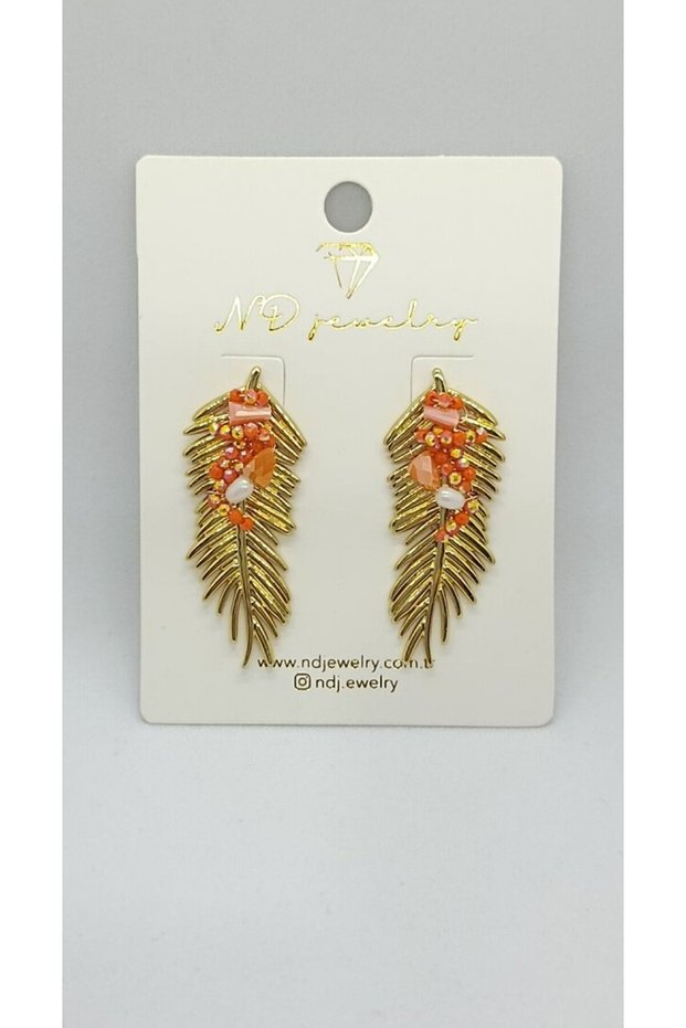 Orange Stone Detailed Leaf Form Gold Earrings