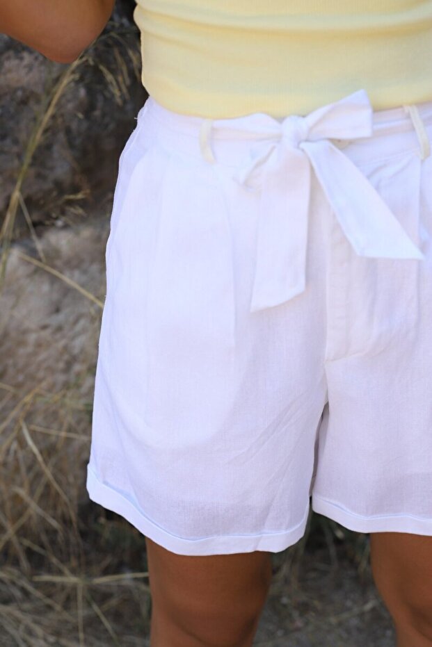White Belted Linen Shorts
