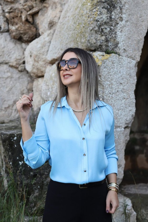 Blue Draped Satin Shirt with Gold Buttons