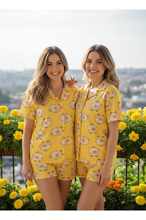 Yellow Chick Pattern Vibrant Colors Milan Fabric Spring Season Buttoned Shirt Model Shorts Women's Pajama Set