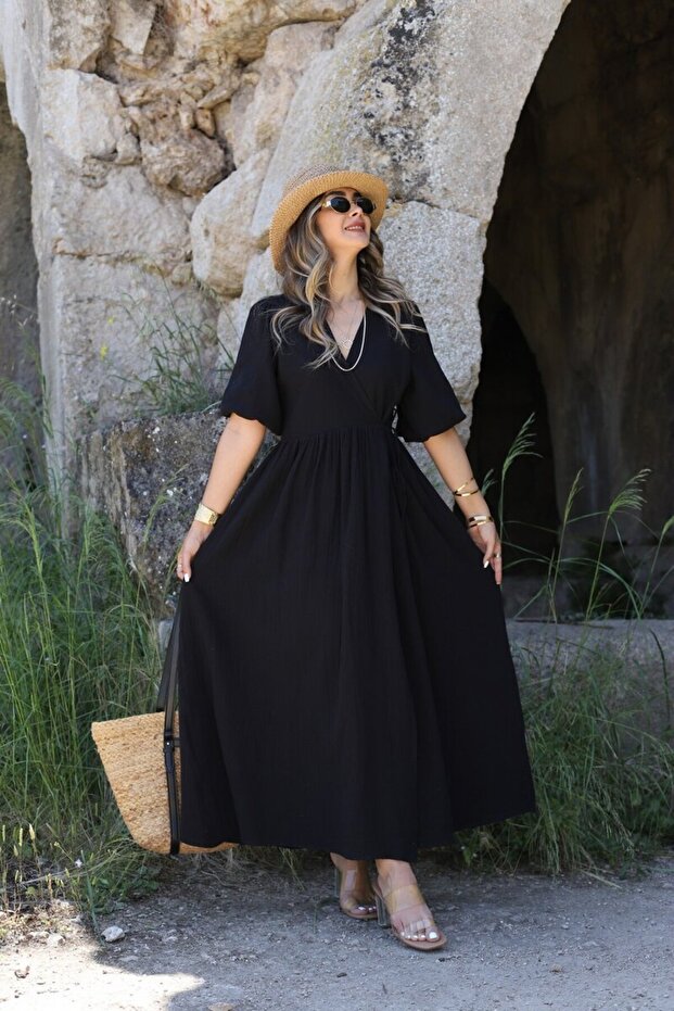Black Muslin Tie-Up Long Dress