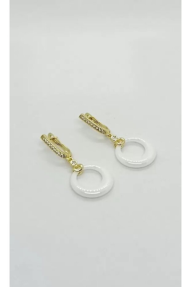White Ring Detailed Stone Gold Earrings