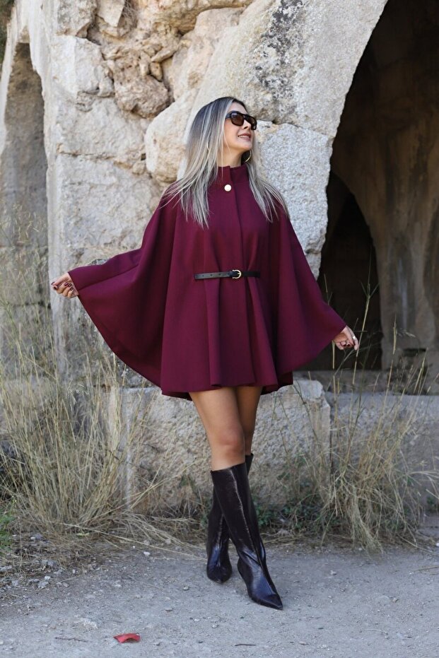 Burgundy standard size button detailed belted stamp poncho