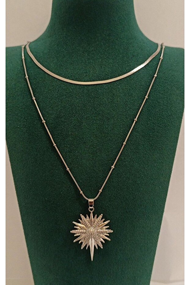 Silver Color Luxury Double Chain Figured Flashy Necklace