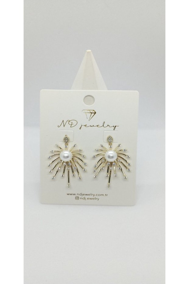 Gold color stone and pearl detailed sun earrings