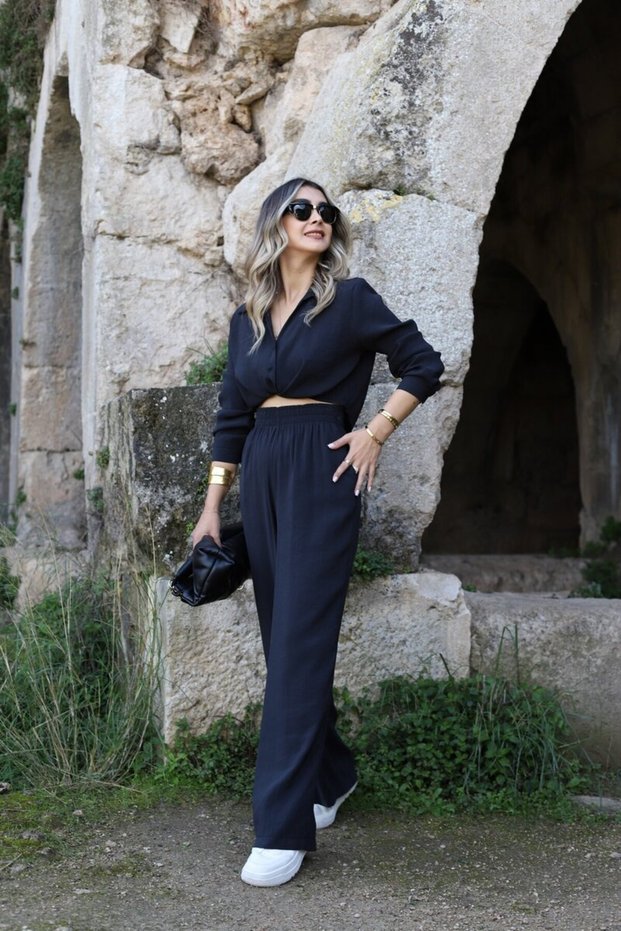 Black Crop Shirt Set