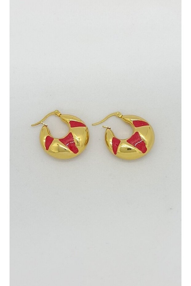 Red Detailed Gold Curved Hoop Earrings