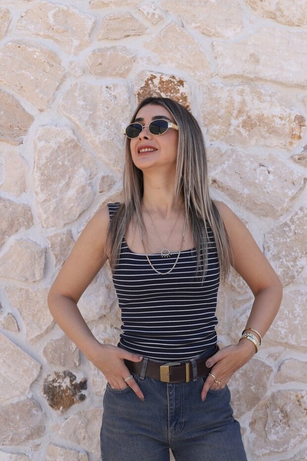 Navy Blue Striped Thick Strap Tank Top