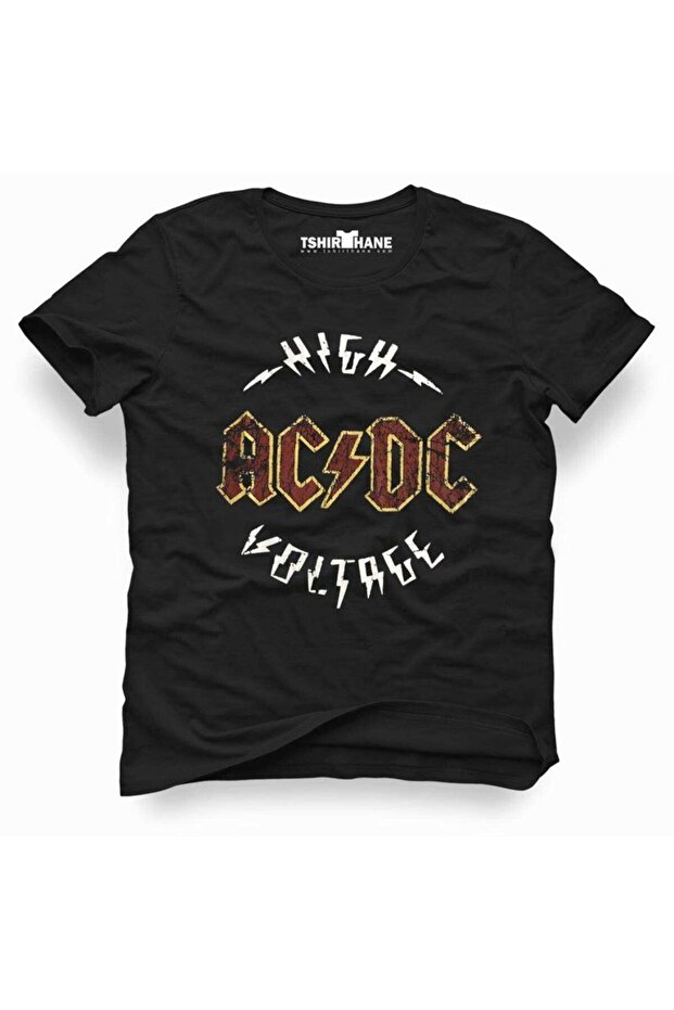 Acdc الرجال الجهد العالي المطبوعة التي شيرت الأسود