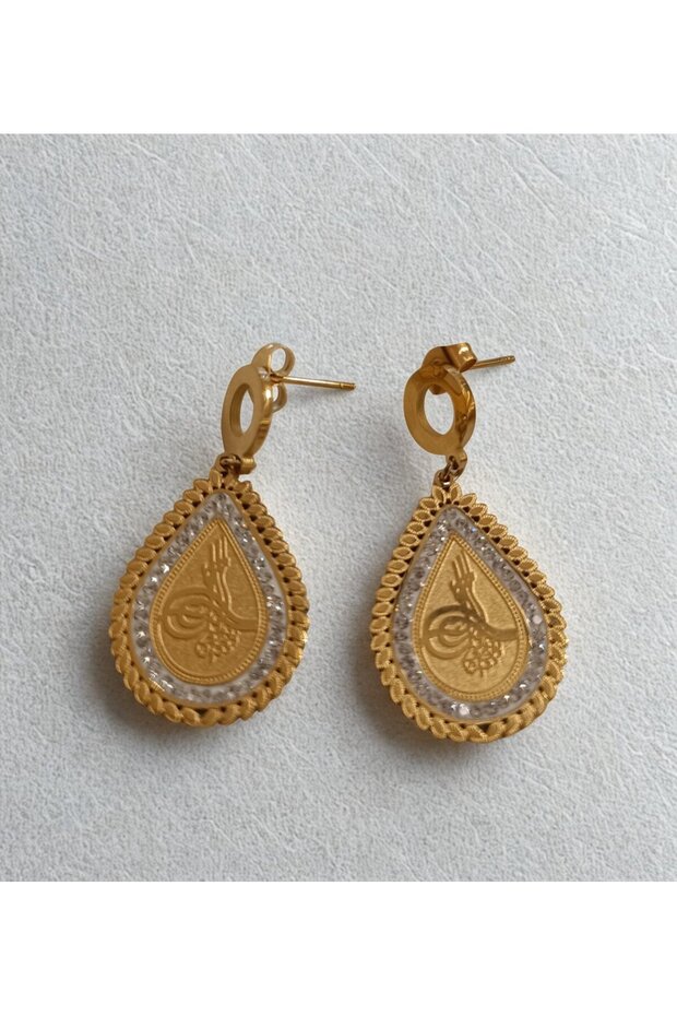 Luxurious Tuğra Figured Flashy Earrings with Dangle