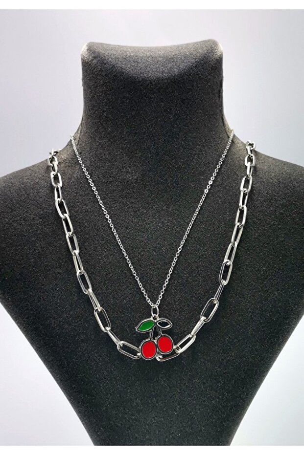 Luxury double silver color necklace with cherry figured