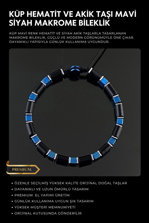 Natural Stone Bracelet, Blue Hematite Cube and Black Agate Bracelet, Adjustable, Men's Bracelet, Women's Bi