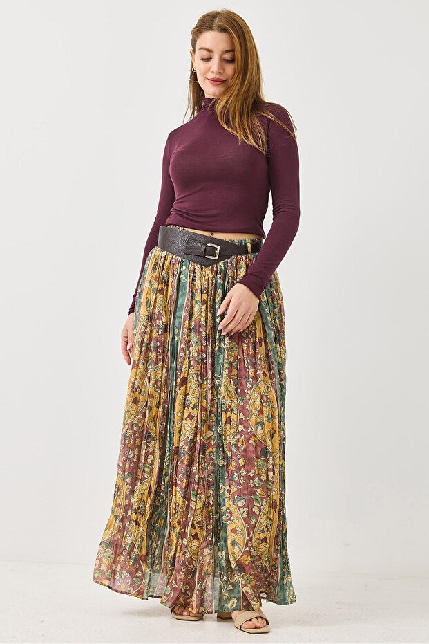 Women's Pleated Belt Lined ethnic pattern skirt