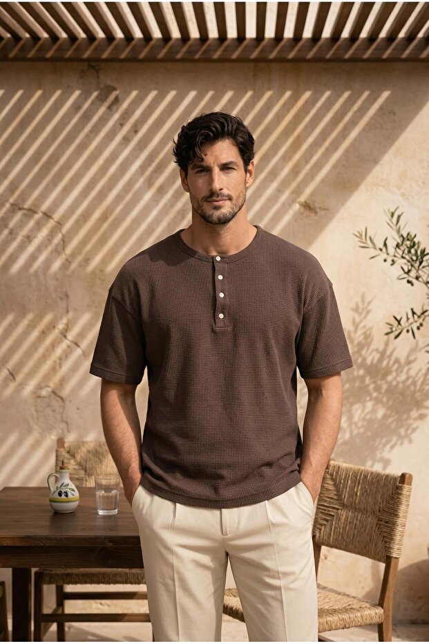 Roth Relaxed Fit Casual Henley Collar Waffle Fabric Summer Short Sleeve T-Shirt - Mink