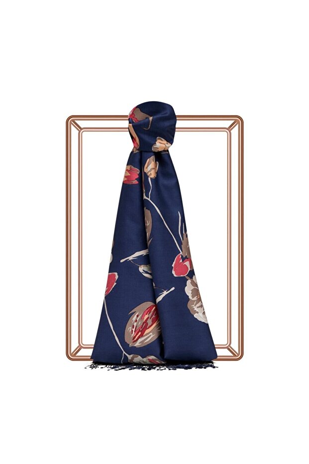 Patterned Silk Shawl - Göksu Sefası Patterned - Navy Blue