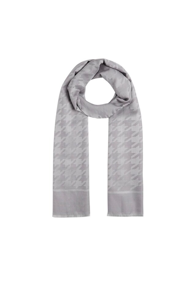 Houndstooth Patterned Cotton Silk Shawl - Silver