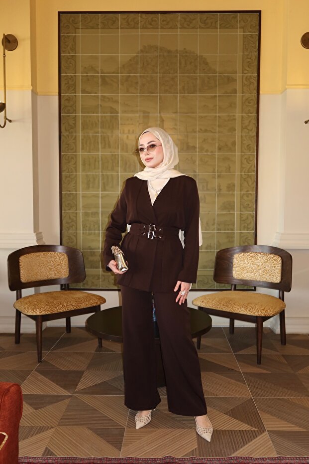 Women's Double Belted Jacket Suit Brown