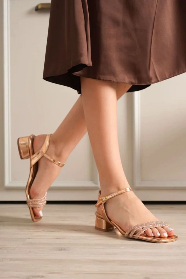 Women's Rose Gold Stone Thick Heeled Sandals Tr20My26F
