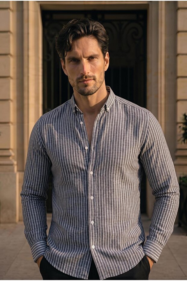Carina Striped Cotton Long Sleeve Shirt - Black