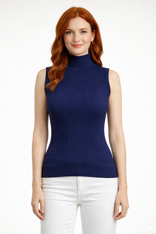 Turtleneck Ribbed Sleeveless Knitwear Blouse