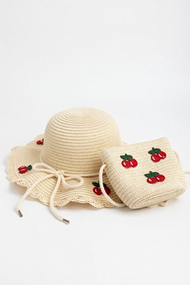 Girl's Cherry Figured Gift Beige Wicker Set | Cream Hat and Bag Set
